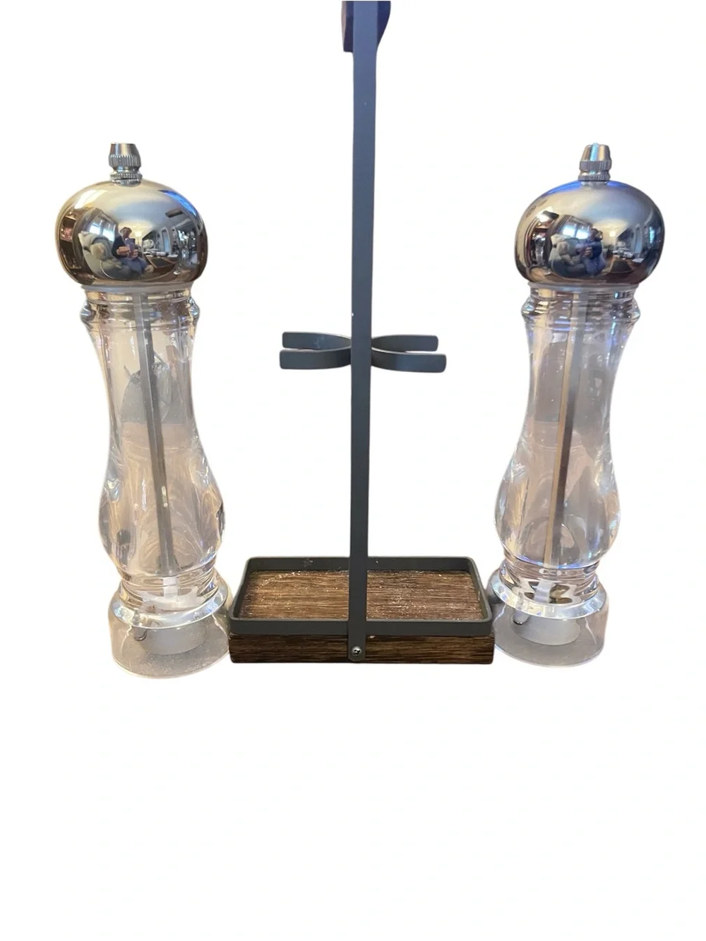 Urban Gourmet salt and pepper tall acrylic grinders metal frame stand silver top